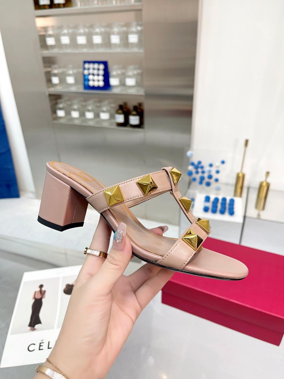 Valentino Roman Stud Slide Sandals 60mm In Rose Cannelle Calfskin