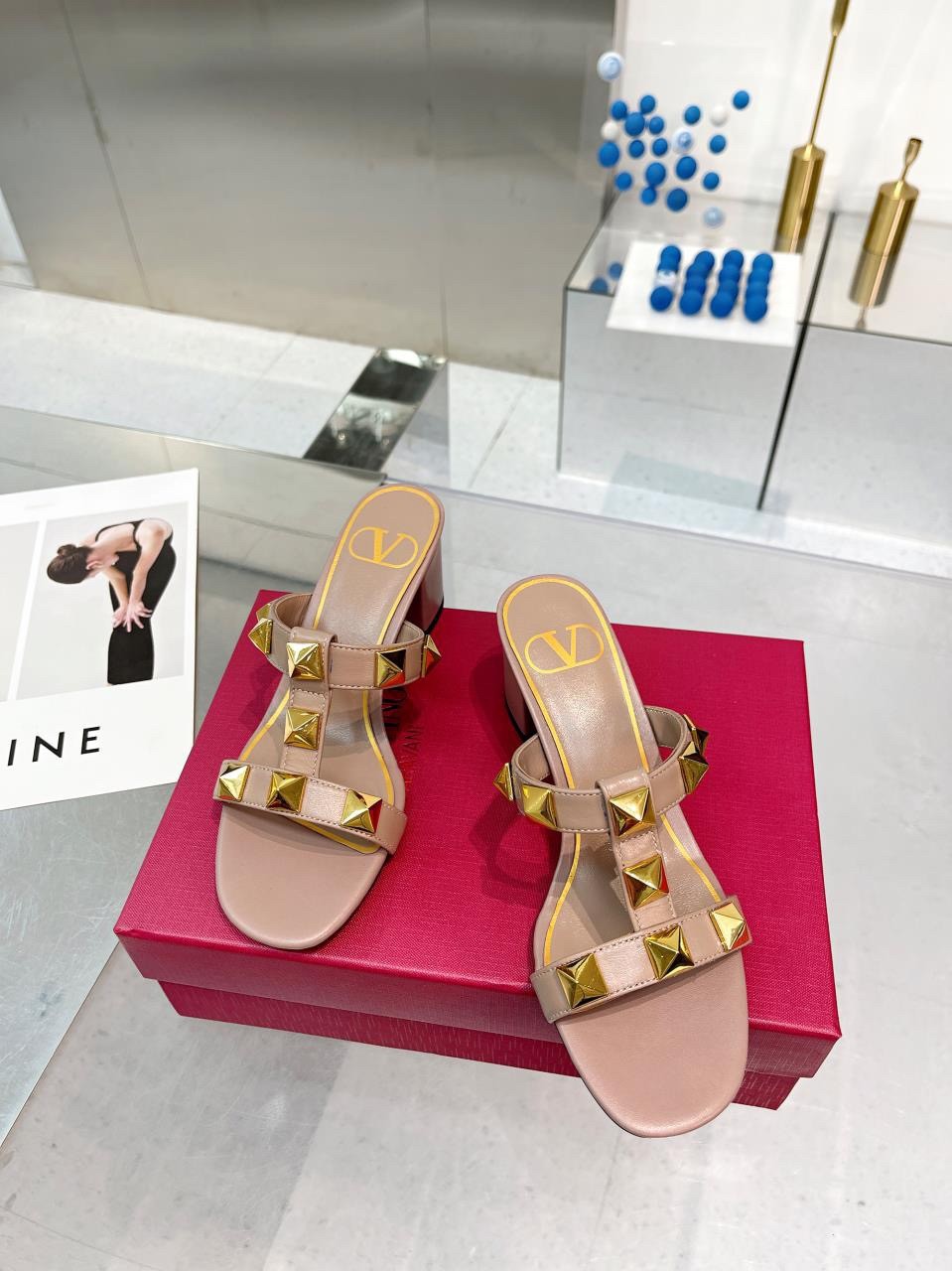 Valentino Roman Stud Slide Sandals 60mm In Rose Cannelle Calfskin