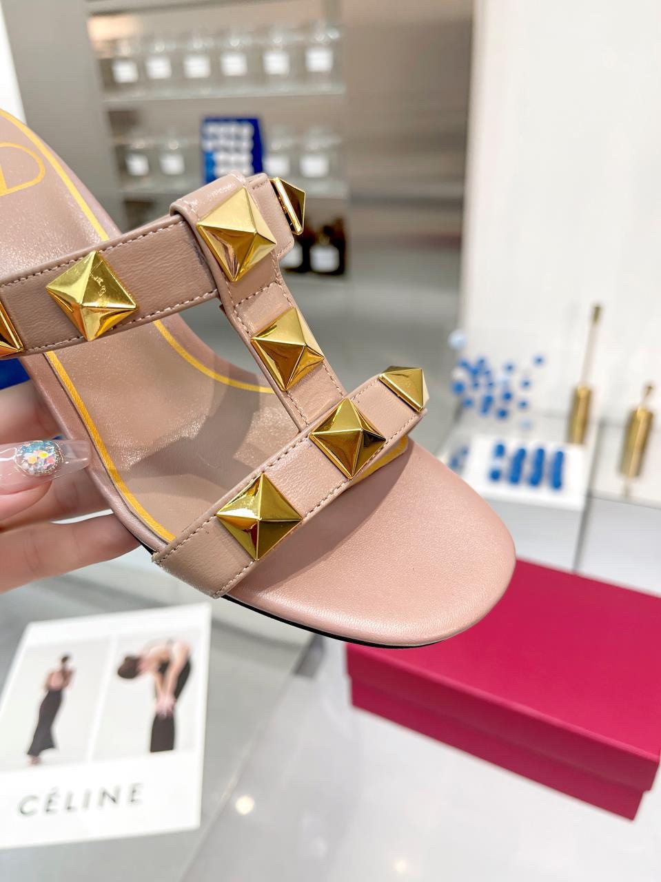 Valentino Roman Stud Slide Sandals 60mm In Rose Cannelle Calfskin