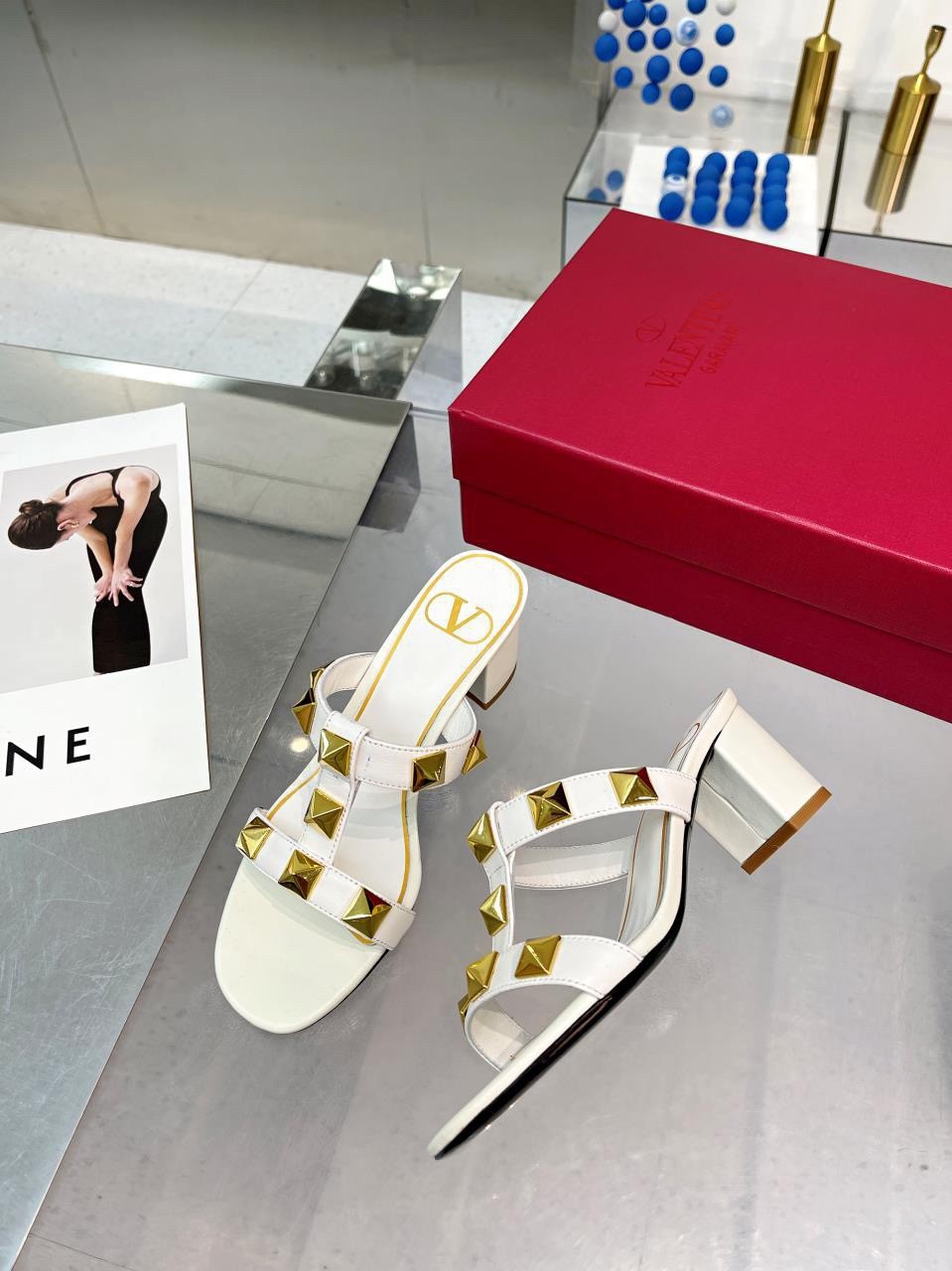 Valentino Roman Stud Slide Sandals 60mm In White Calfskin