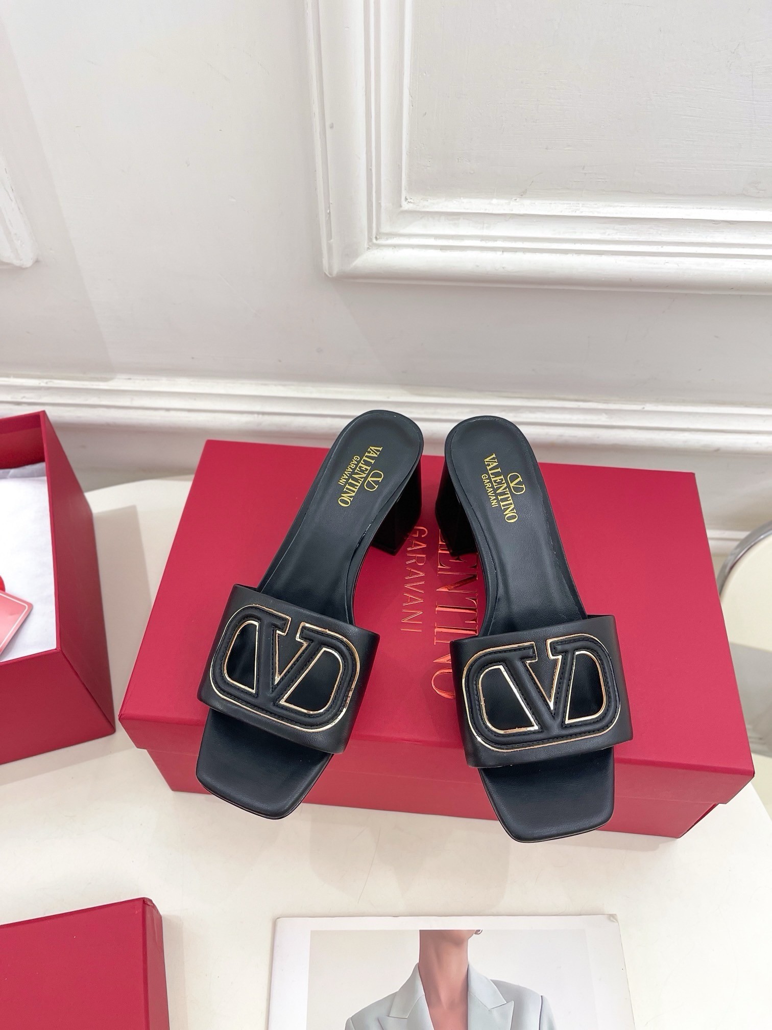 Valentino VLogo Cut-out Slide Sandals 60mm in Black Leather