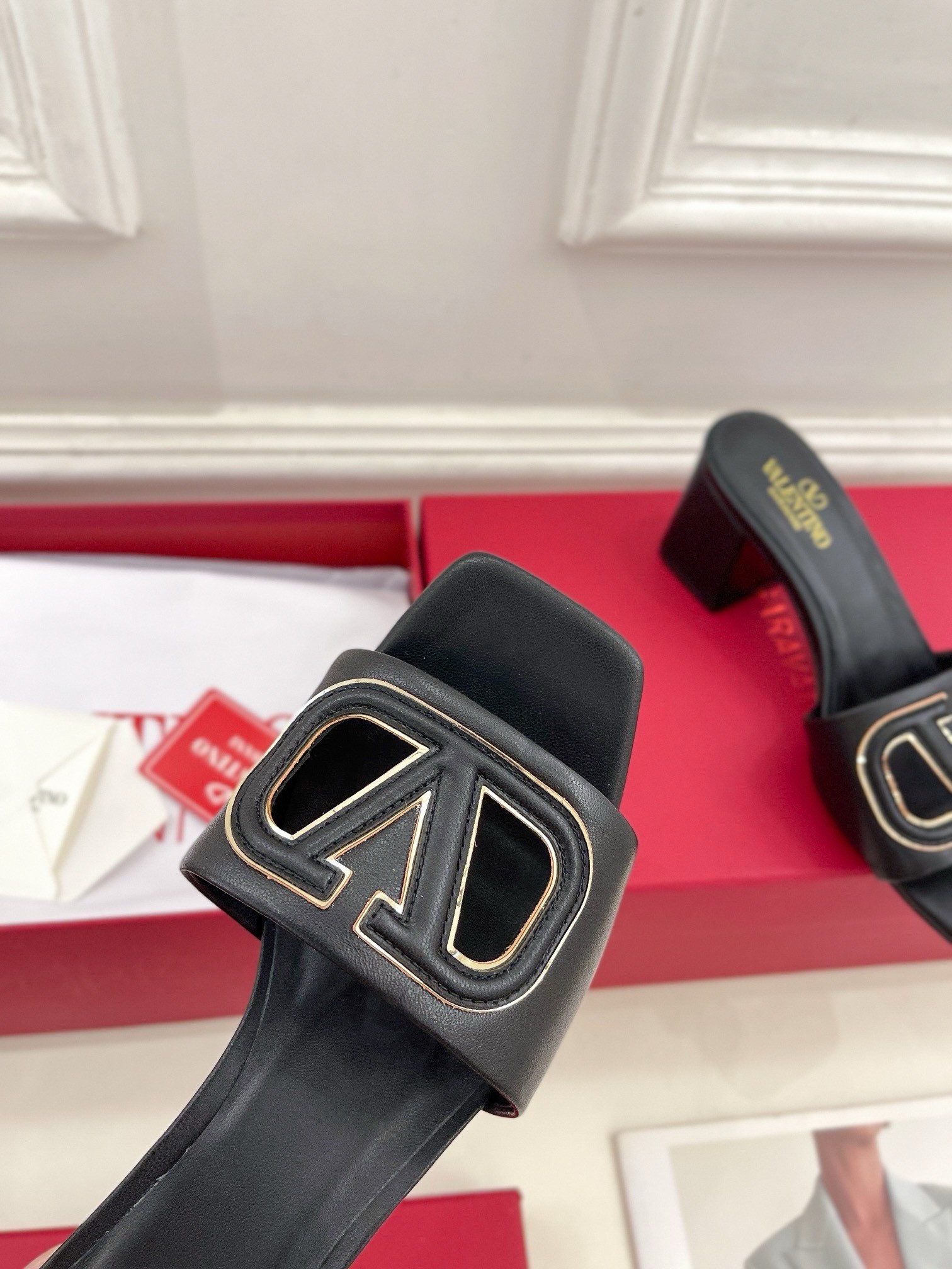 Valentino VLogo Cut-out Slide Sandals 60mm in Black Leather