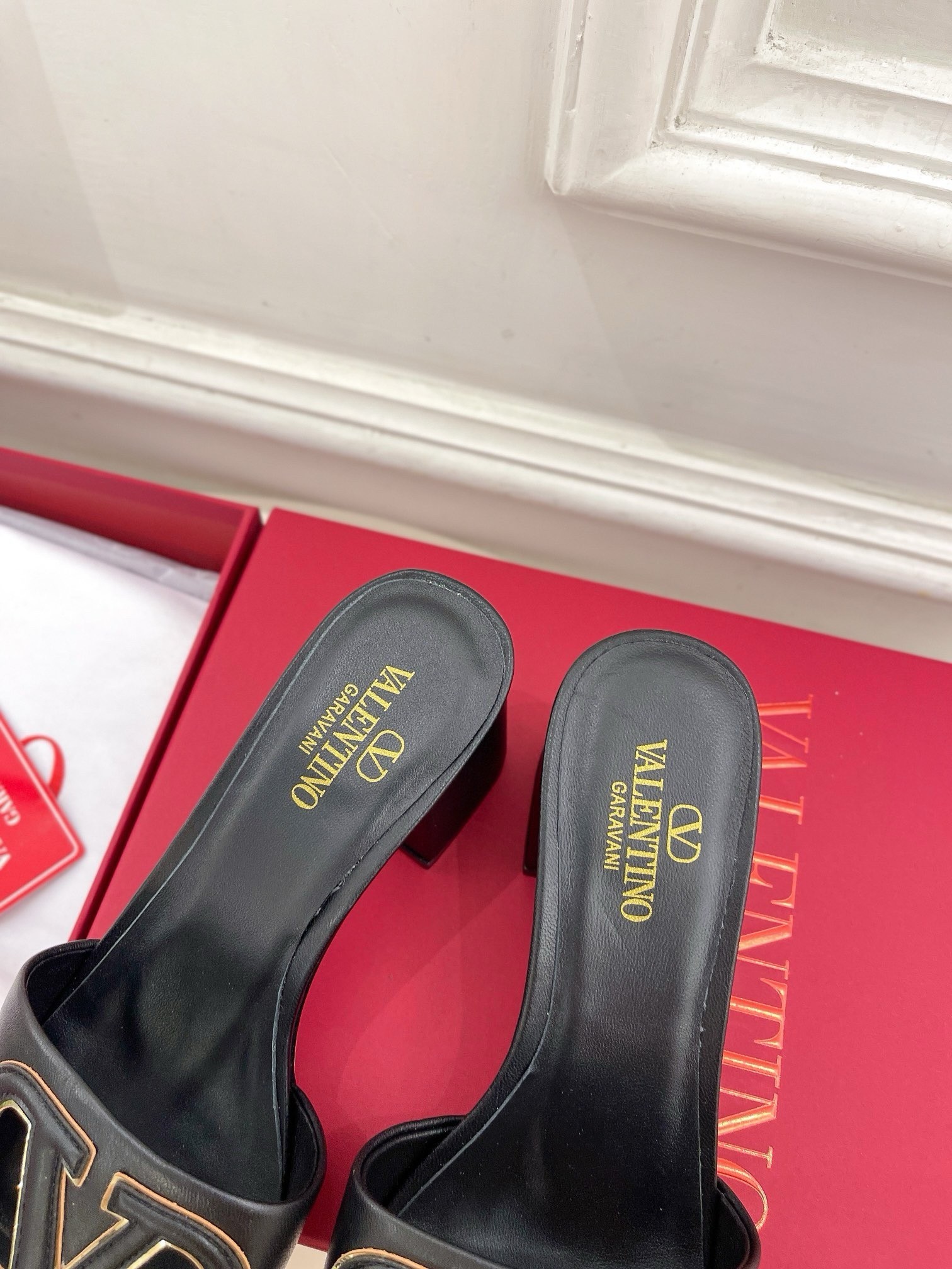 Valentino VLogo Cut-out Slide Sandals 60mm in Black Leather