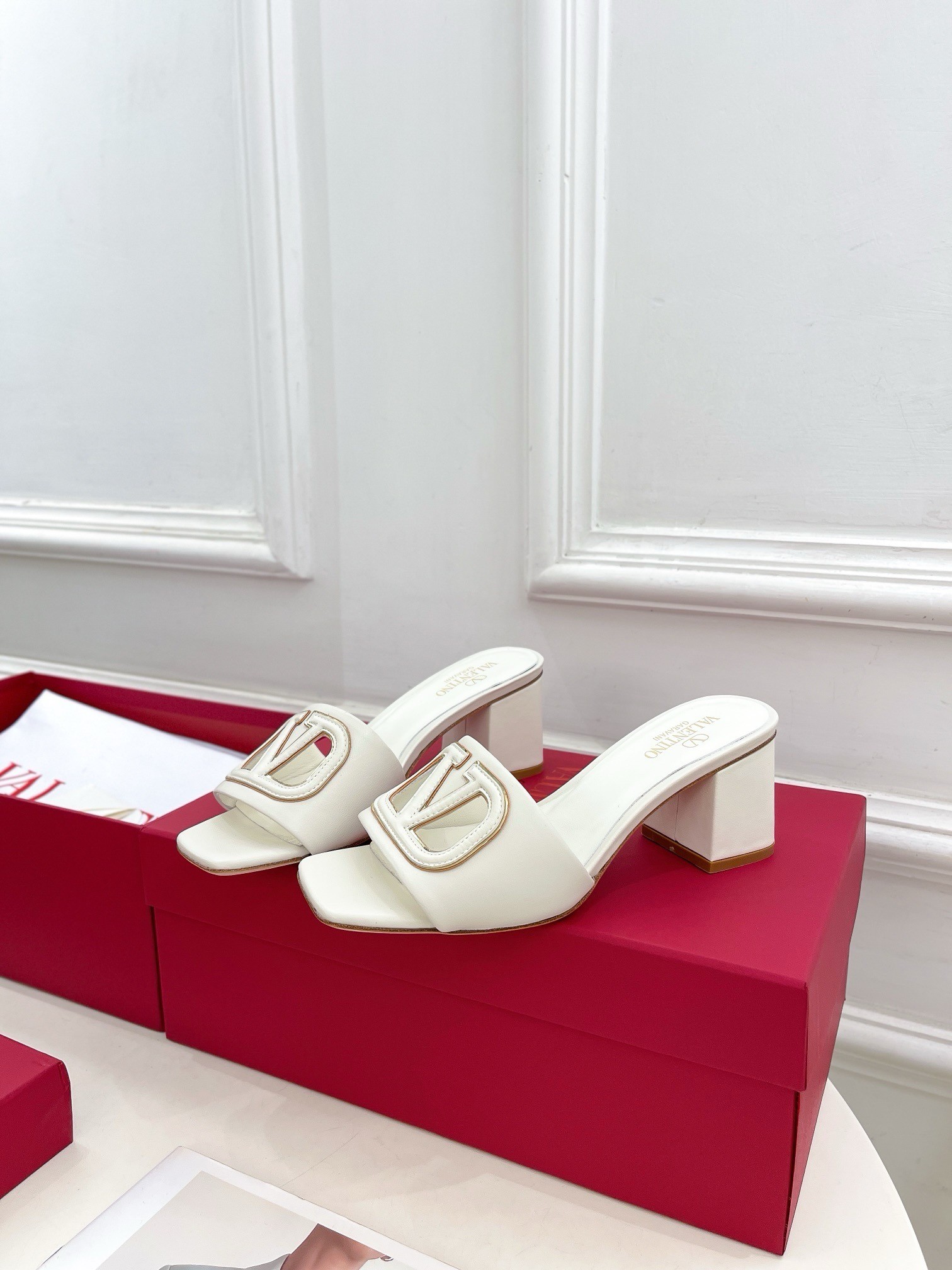 Valentino VLogo Cut-out Slide Sandals 60mm in White Leather