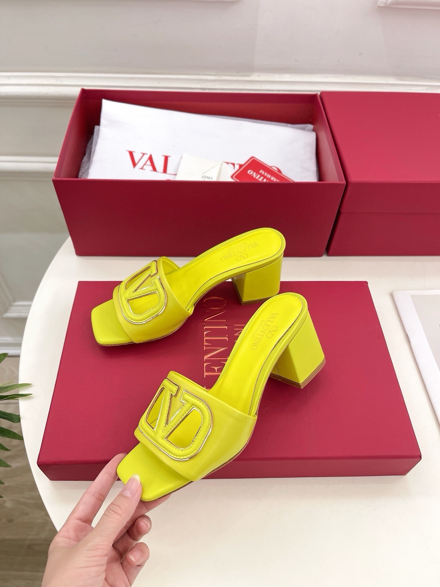 Valentino VLogo Cut-out Slide Sandals 60mm in Yellow Leather