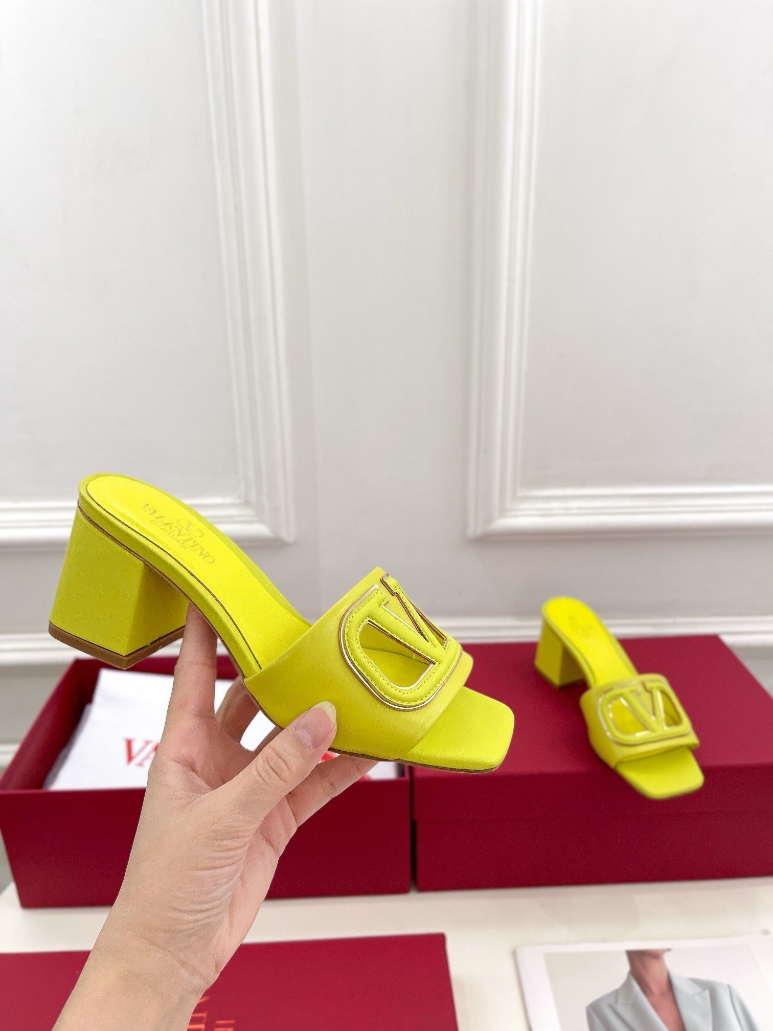 Valentino VLogo Cut-out Slide Sandals 60mm in Yellow Leather