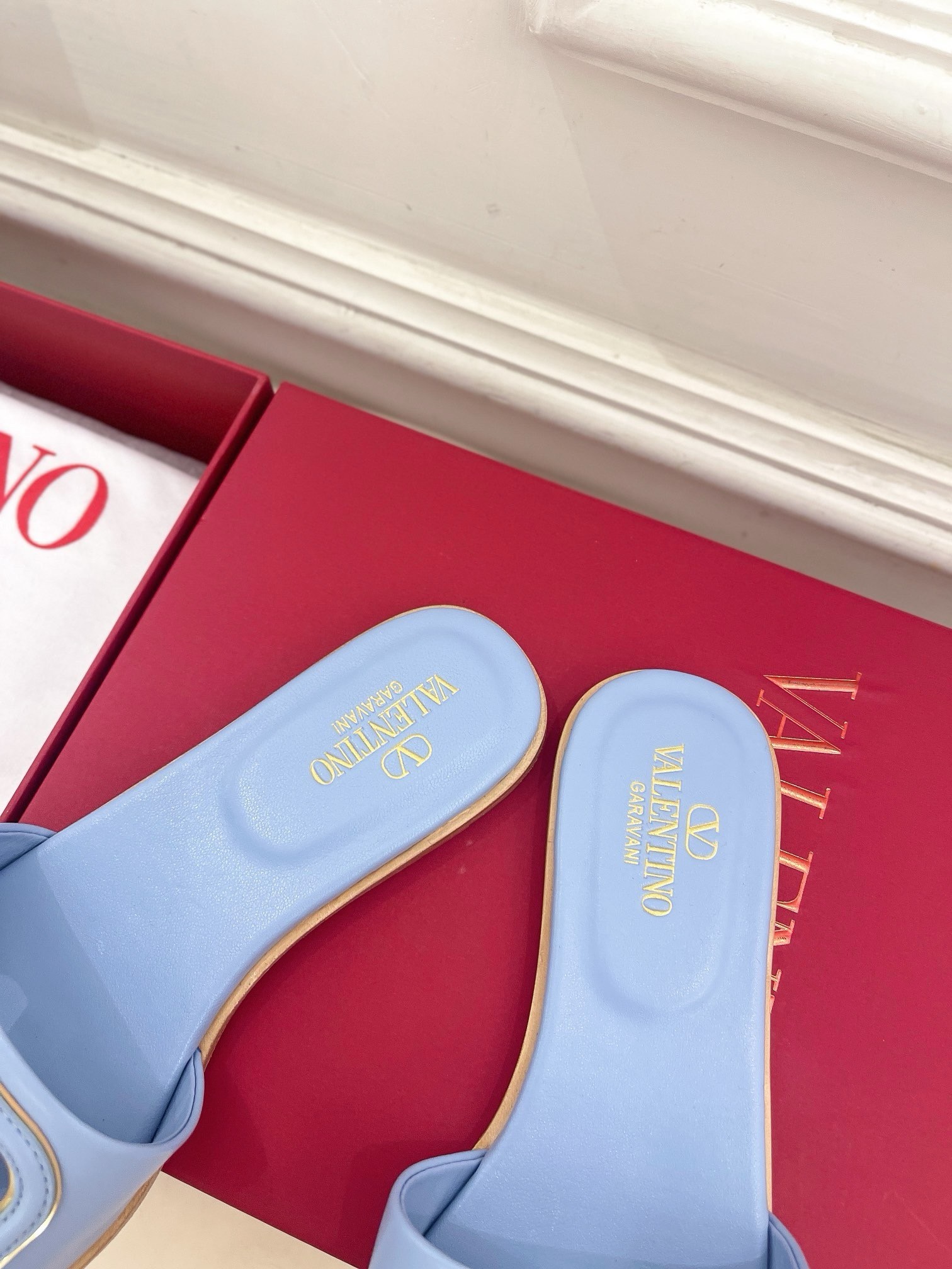 Valentino VLogo Cut-out Slide Sandals in Blue Leather