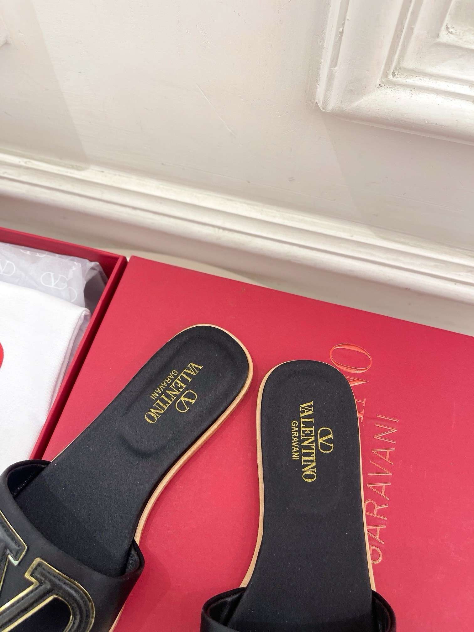 Valentino VLogo Cut-out Slide Sandals in Black Leather