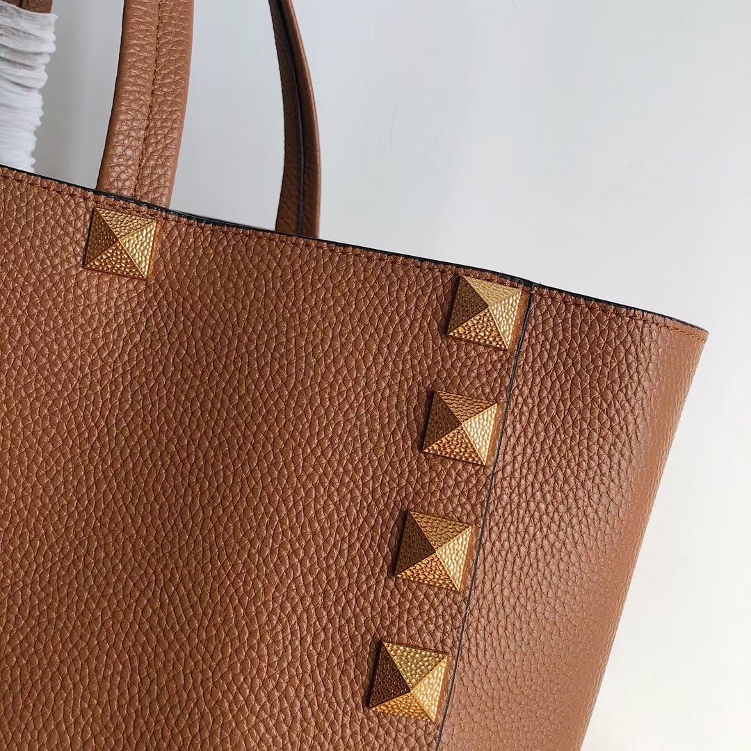 Valentino Roman Stud Tote Bag In Brown Grainy Calfskin