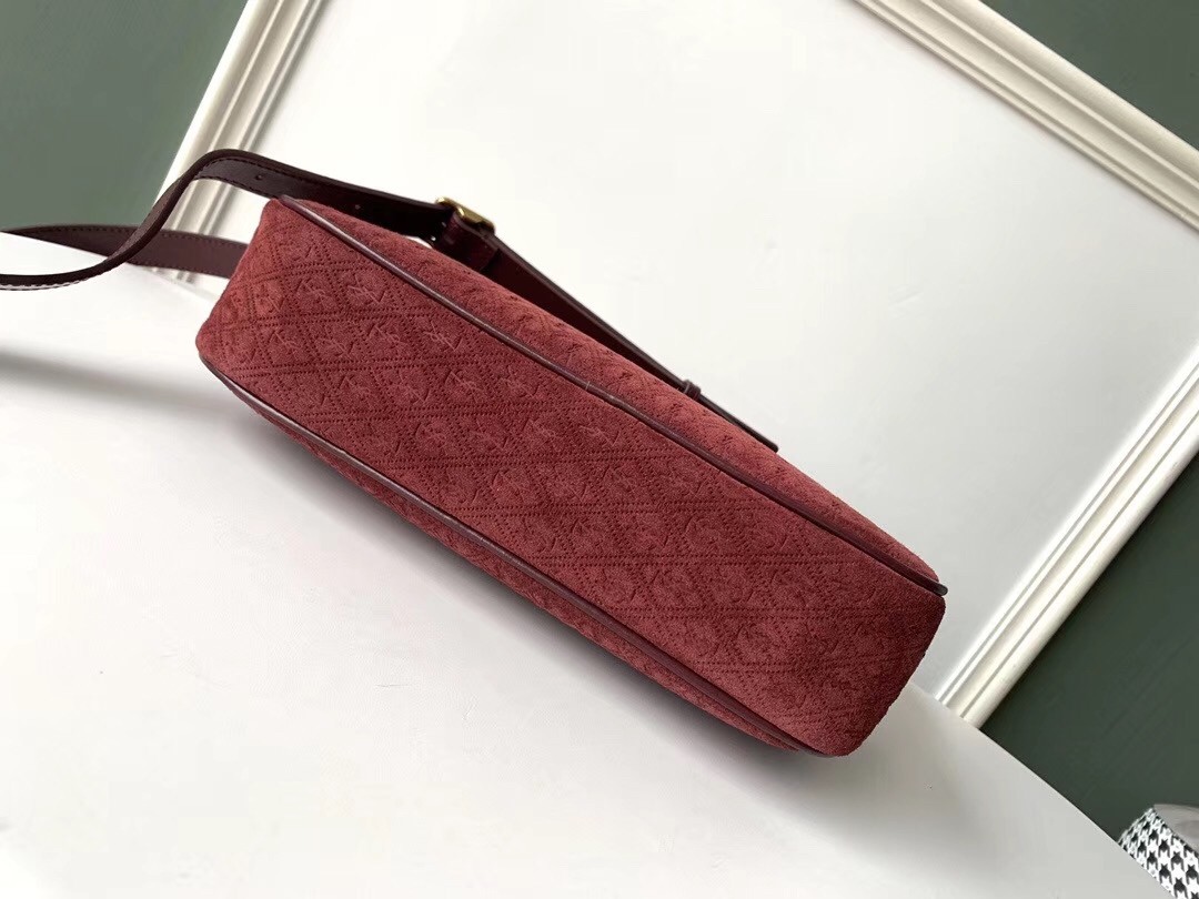 Sa**t Lau*nt monogram all over camera bag in bordeaux suede