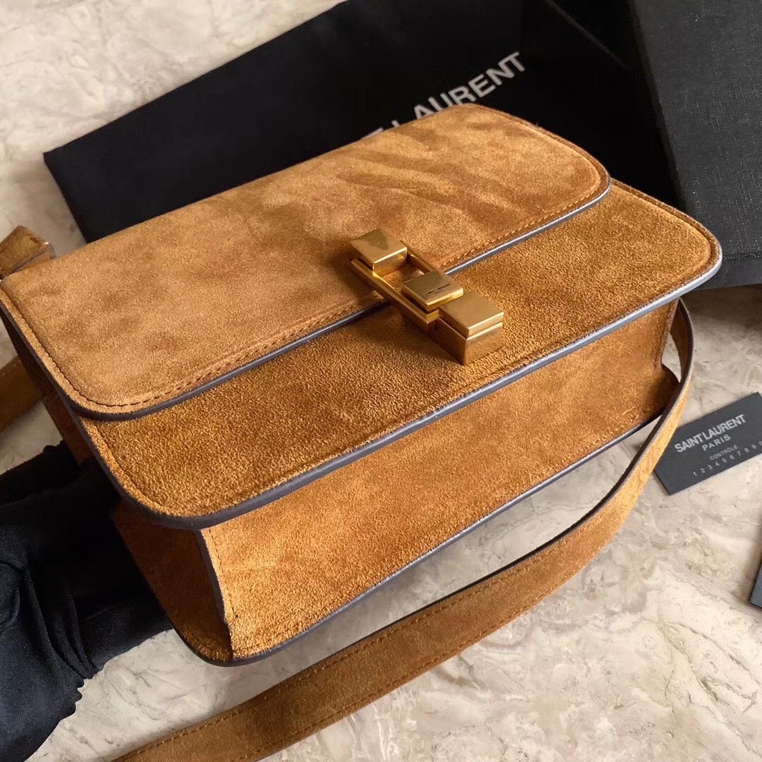 Sa**t Lau*nt carre satchel bag in brown suede leather