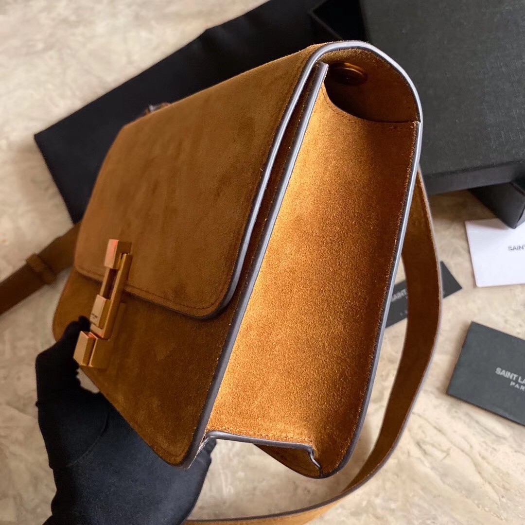 Sa**t Lau*nt carre satchel bag in brown suede leather