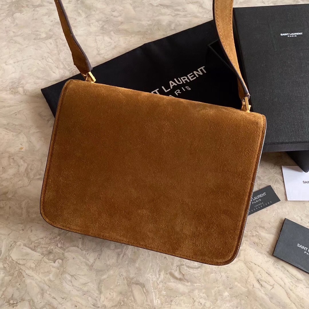 Sa**t Lau*nt carre satchel bag in brown suede leather