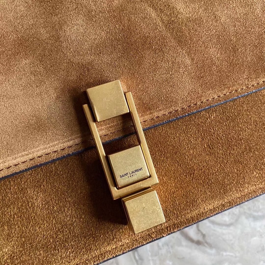 Sa**t Lau*nt carre satchel bag in brown suede leather