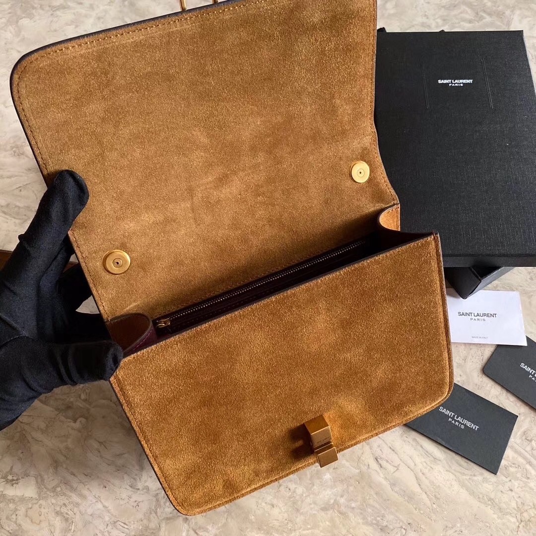 Sa**t Lau*nt carre satchel bag in brown suede leather