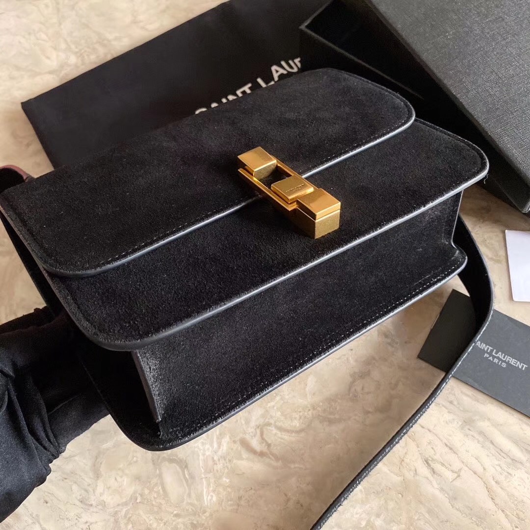 Sa**t Lau*nt carre satchel bag in black suede leather