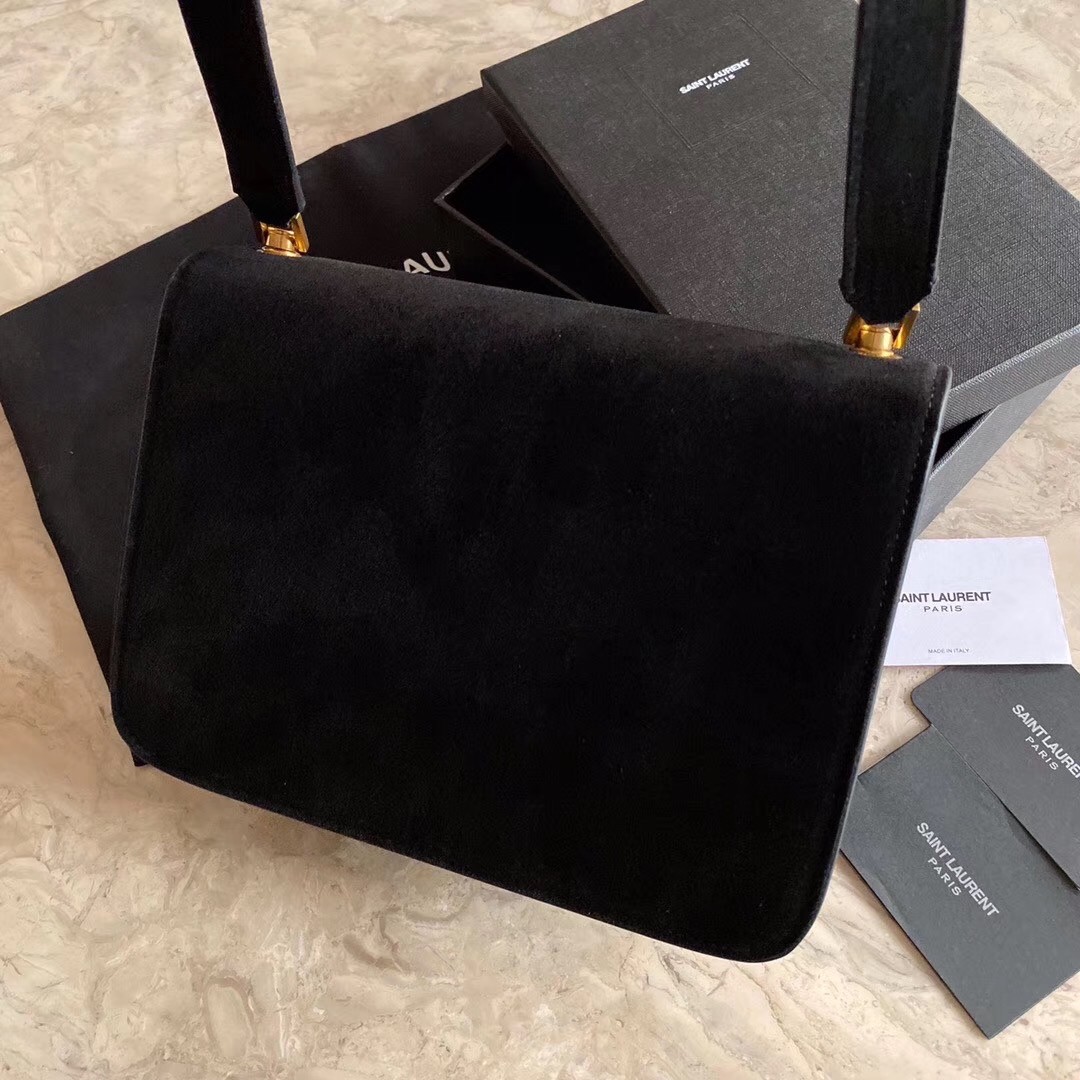 Sa**t Lau*nt carre satchel bag in black suede leather