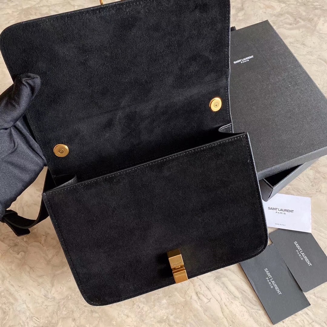 Sa**t Lau*nt carre satchel bag in black suede leather