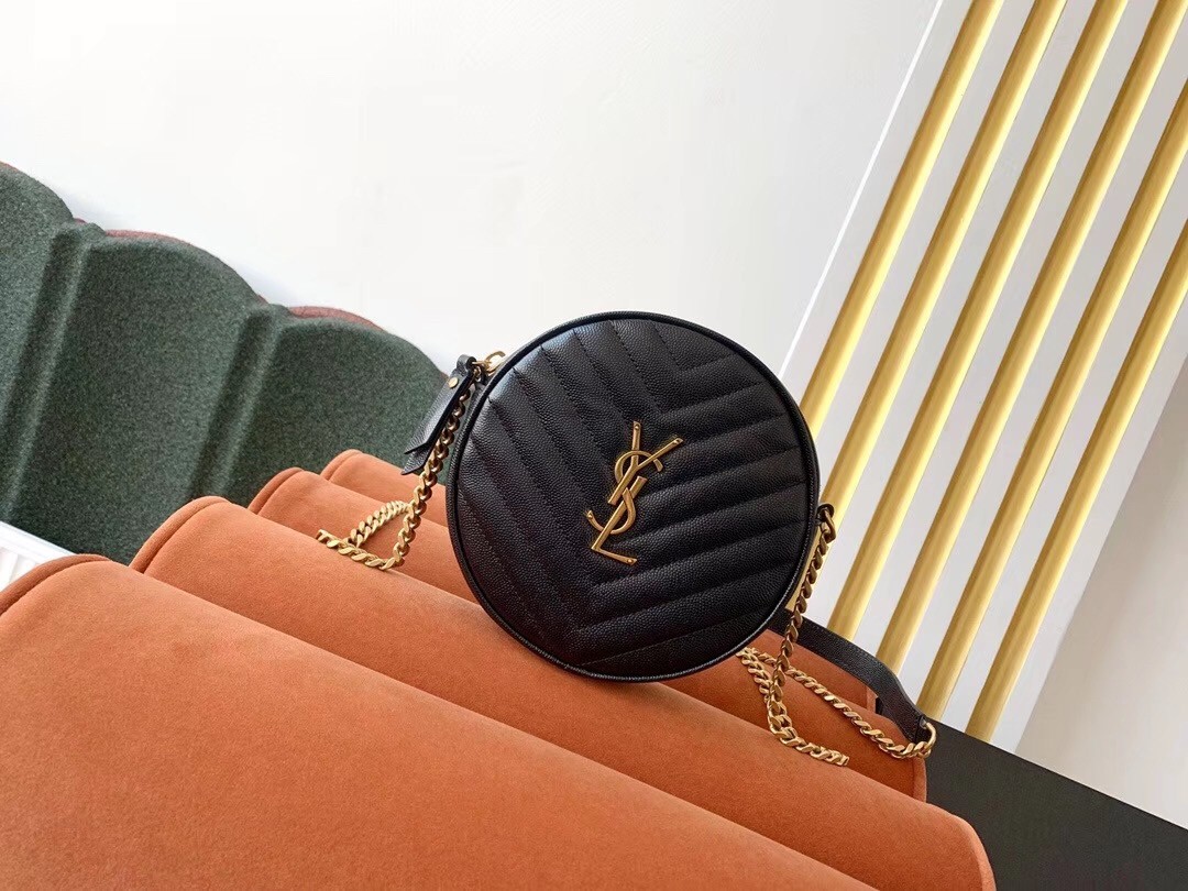Sa**t Lau*nt vinyle round camera bag in black grained leather