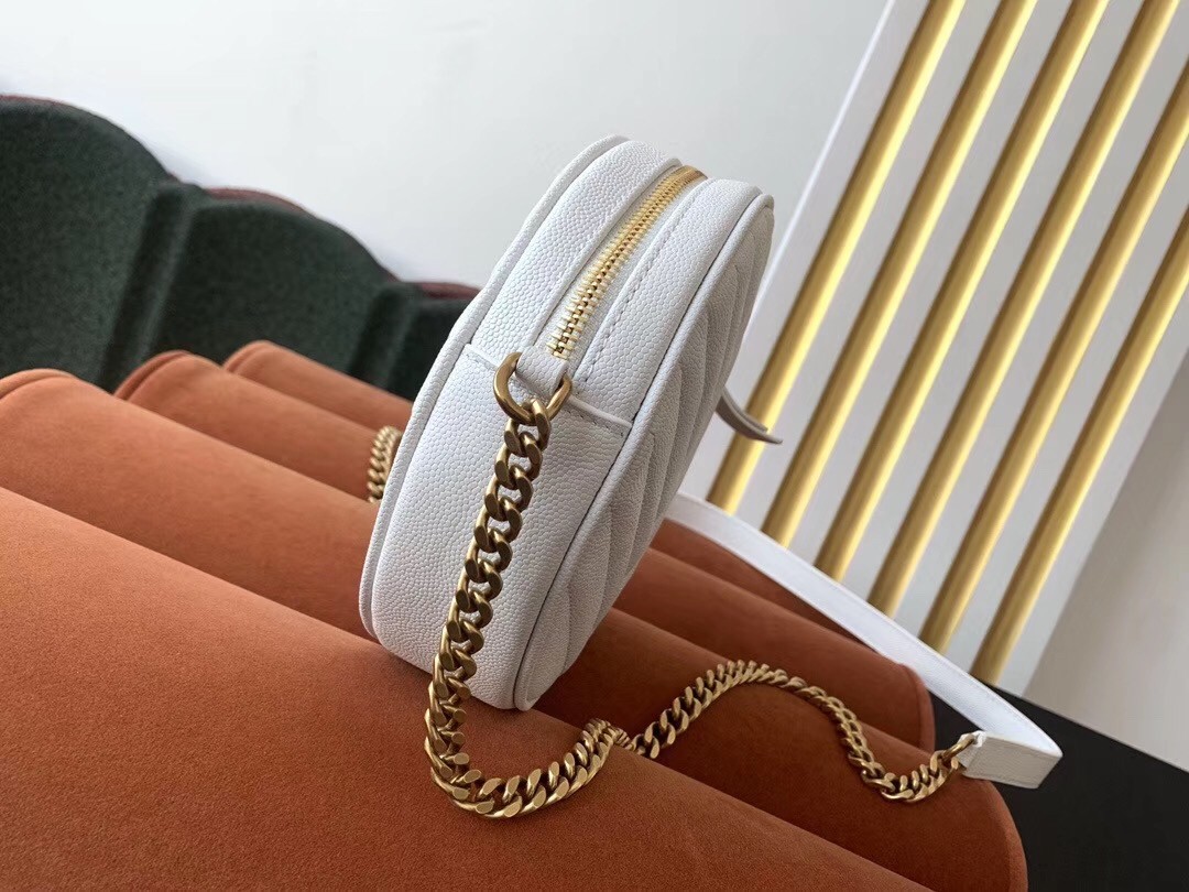 Sa**t Lau*nt vinyle round camera bag in white grained leather