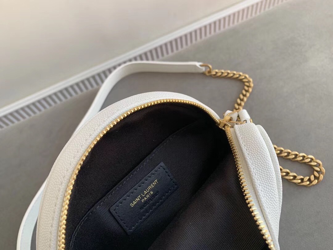 Sa**t Lau*nt vinyle round camera bag in white grained leather