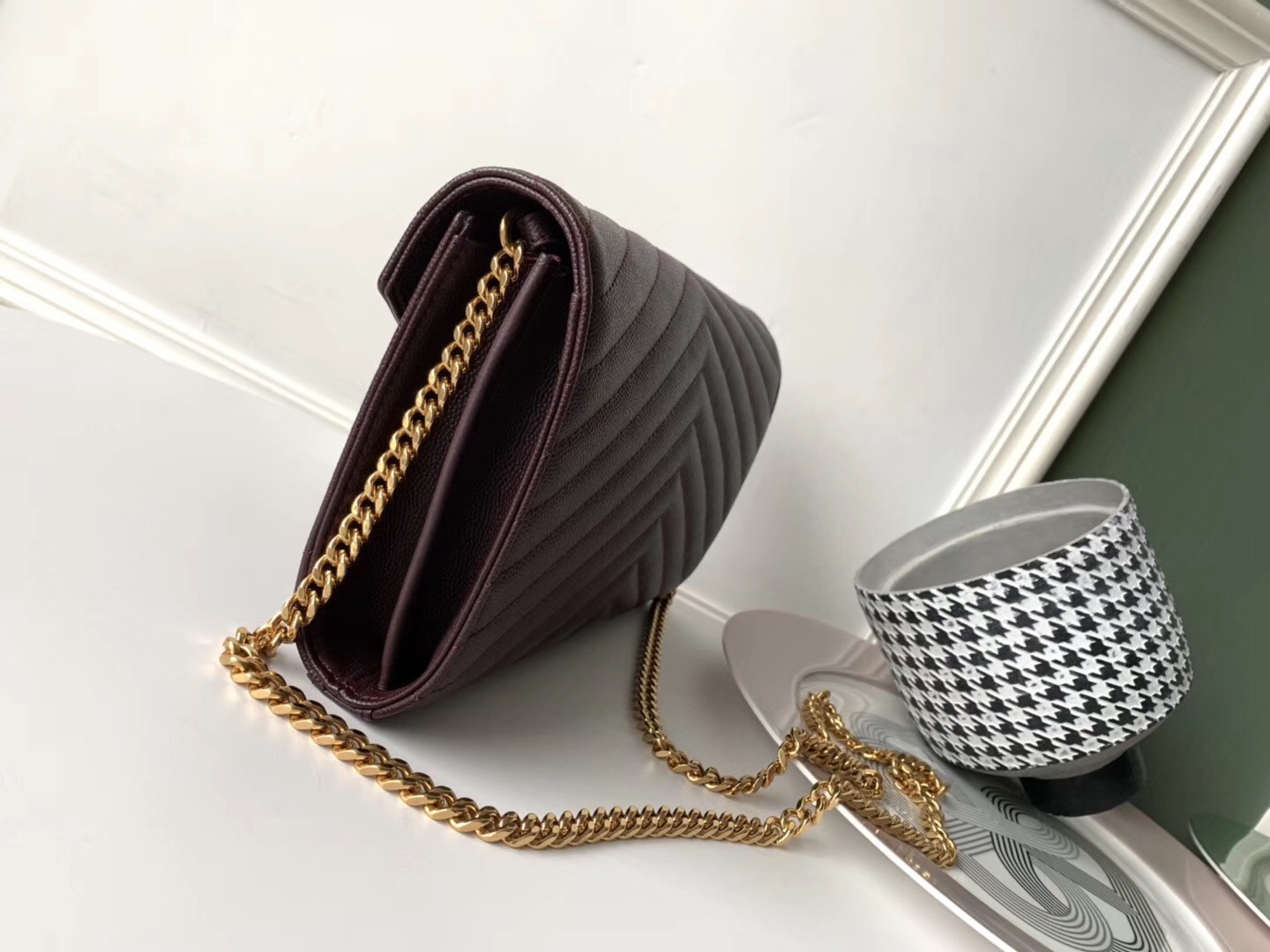 Sa**t Lau*nt woc monogram chain wallet in bordeaux leather