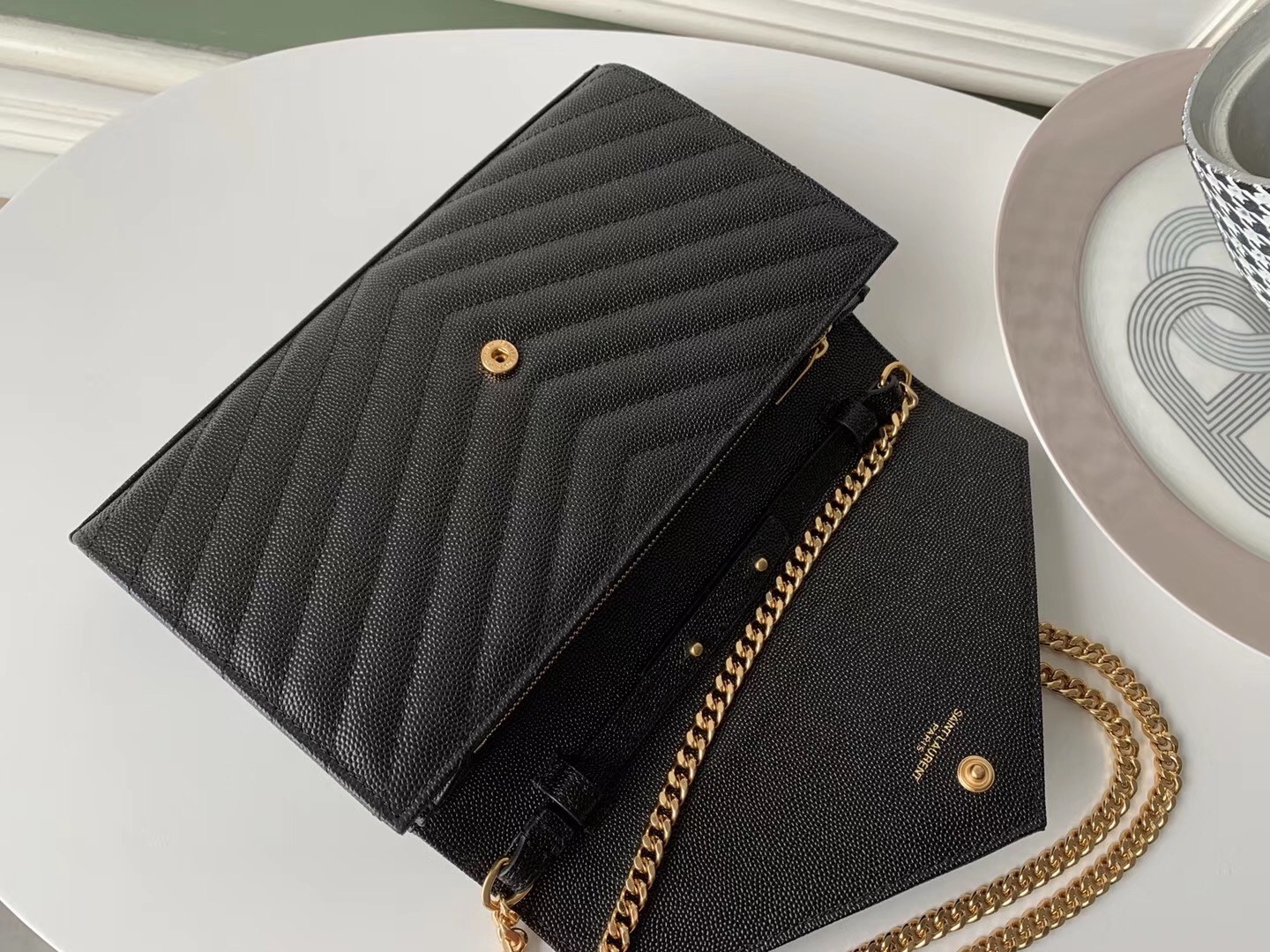 Sa**t Lau*nt woc monogram chain wallet in black leather