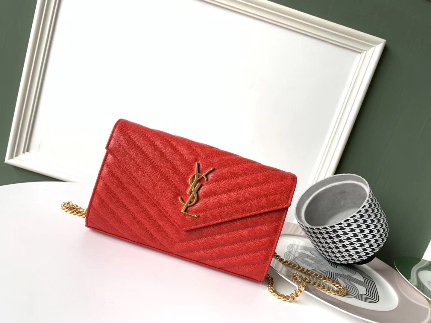Sa**t Lau*nt woc monogram chain wallet in red leather