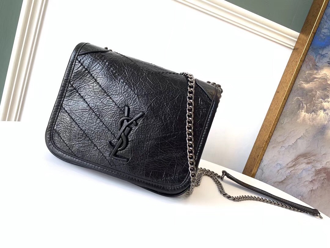 Sa**t Lau*nt woc niki chain wallet in black crinkled leather
