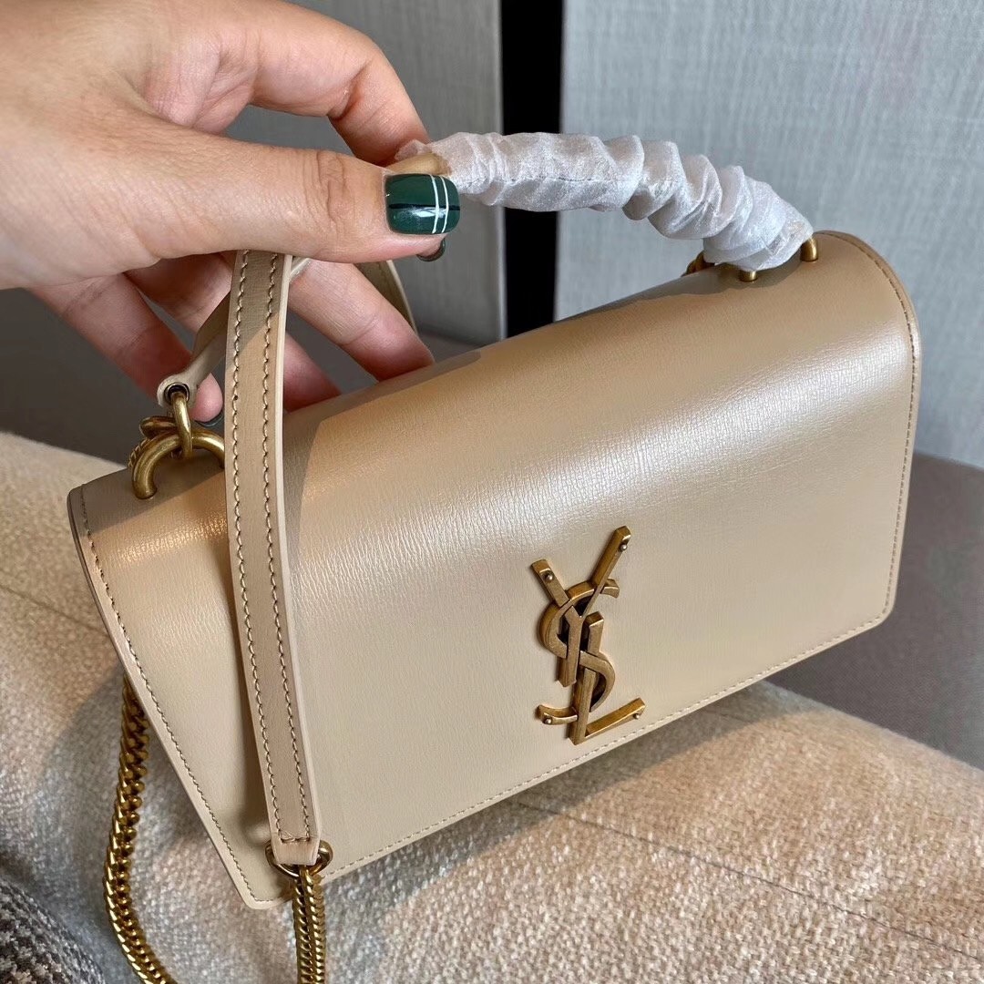 Sa**t Lau*nt woc sunset chain wallet in taupe calfskin