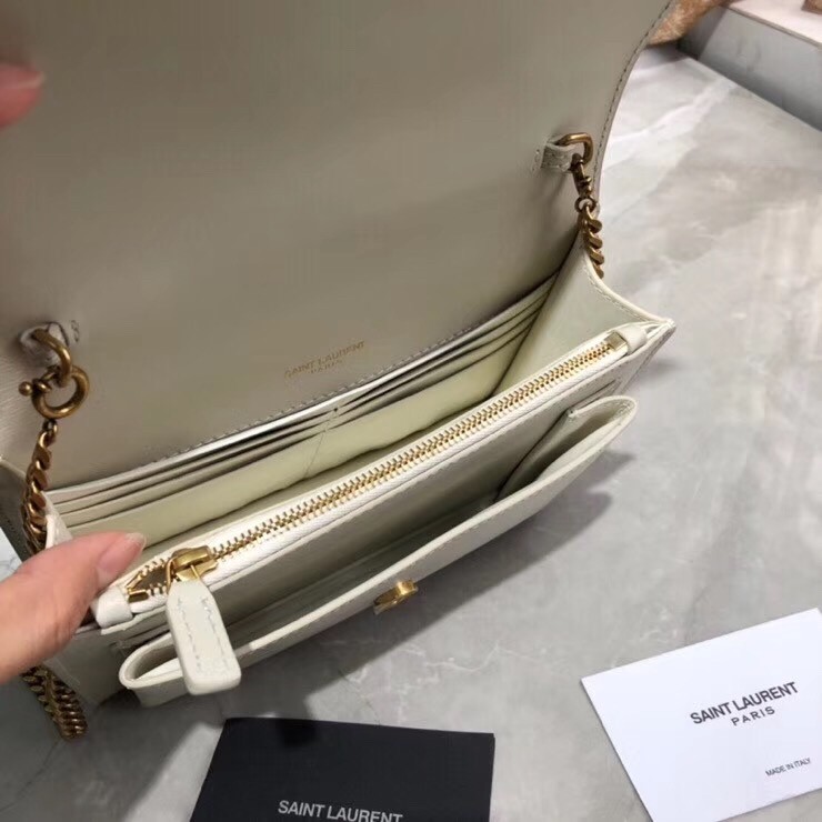 Sa**t Lau*nt woc sunset chain wallet in white calfskin