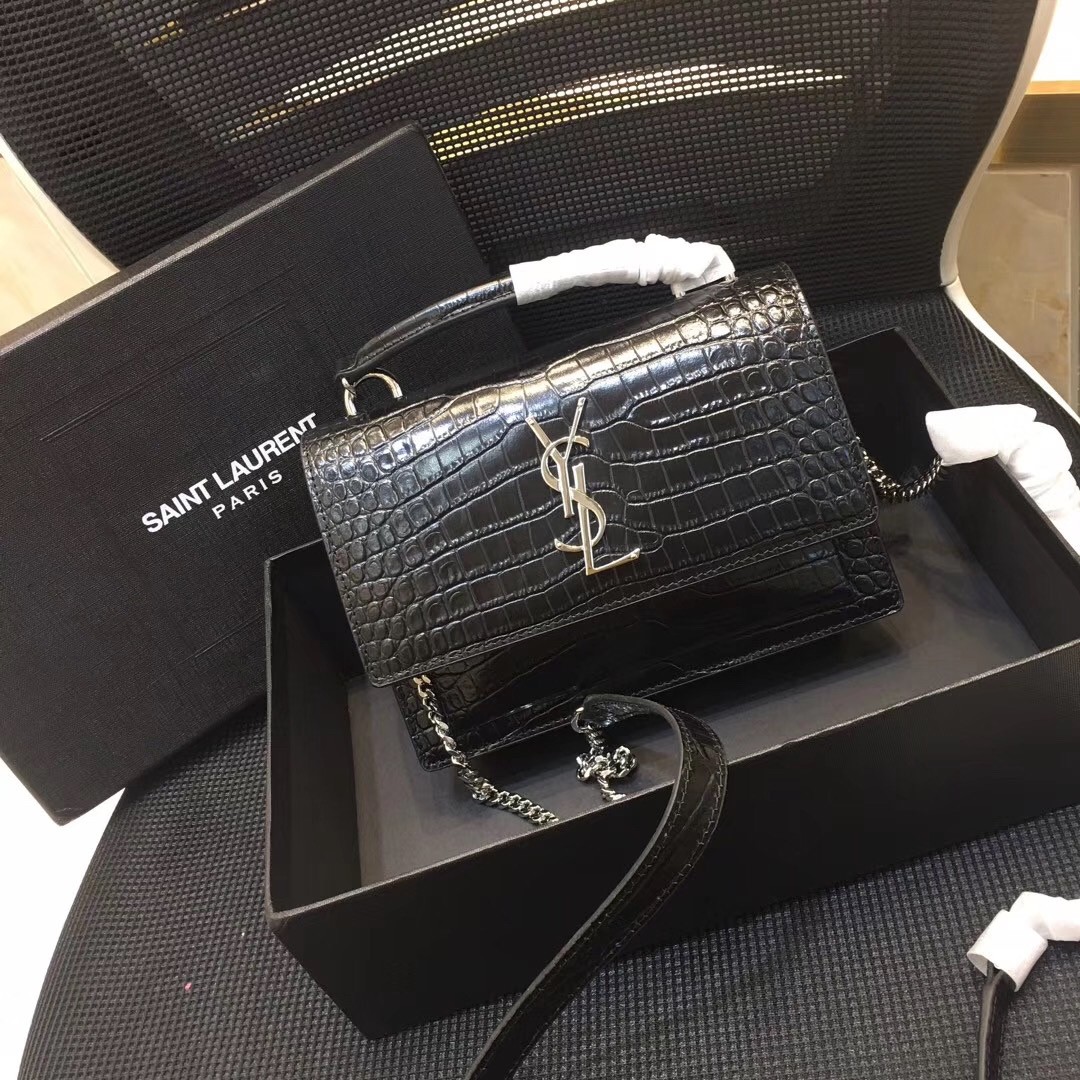 Sa**t Lau*nt woc sunset chain wallet in black croc-embossed leather