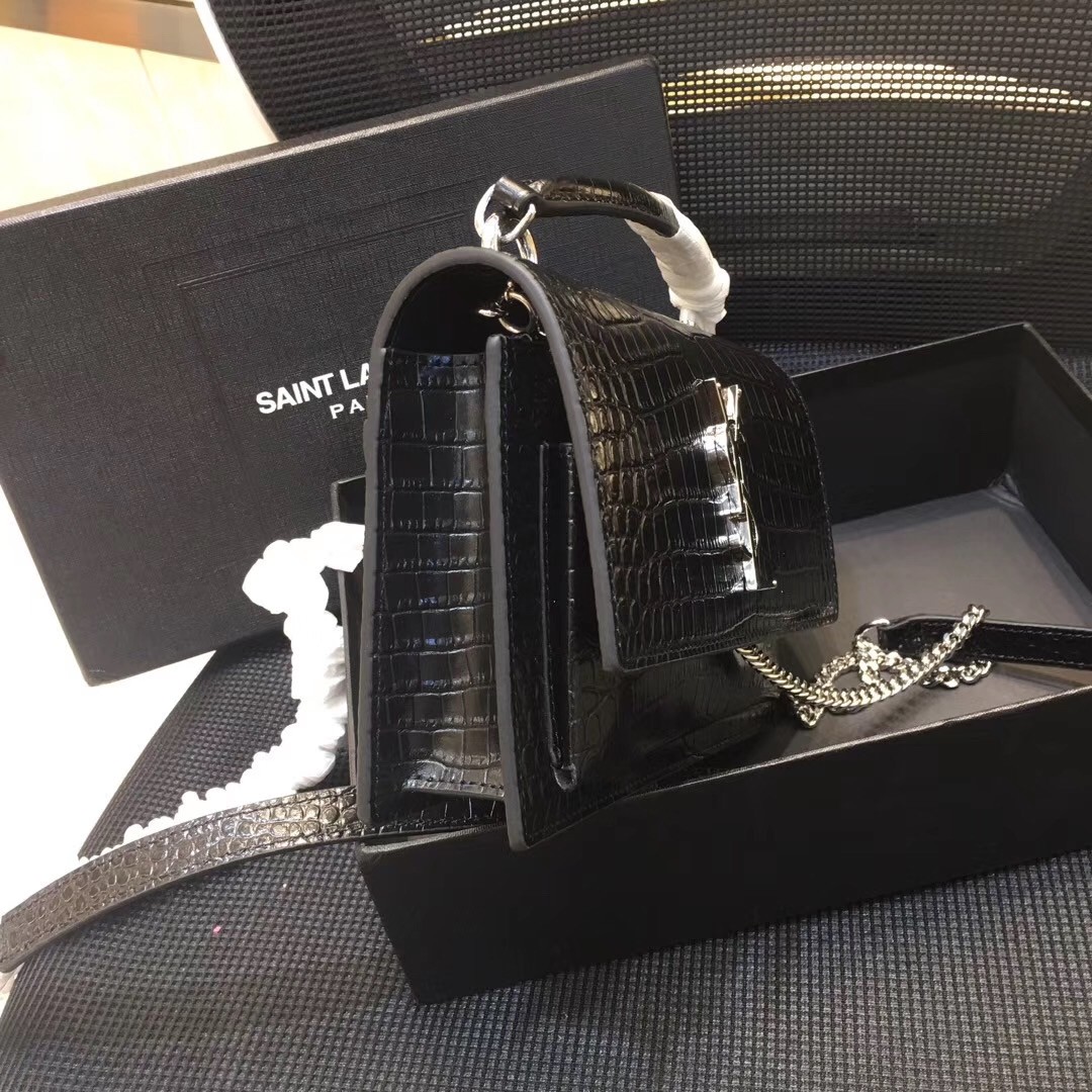 Sa**t Lau*nt woc sunset chain wallet in black croc-embossed leather