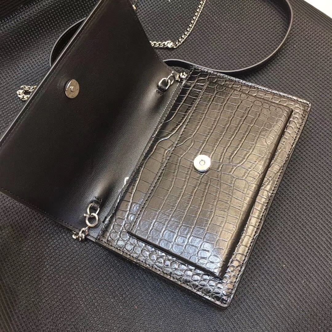 Sa**t Lau*nt woc sunset chain wallet in black croc-embossed leather