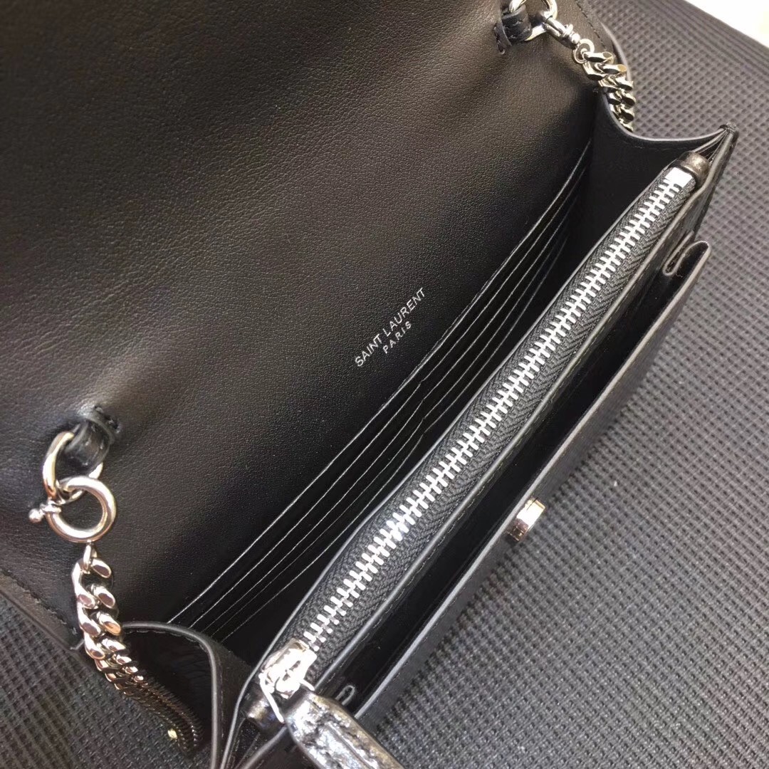 Sa**t Lau*nt woc sunset chain wallet in black croc-embossed leather