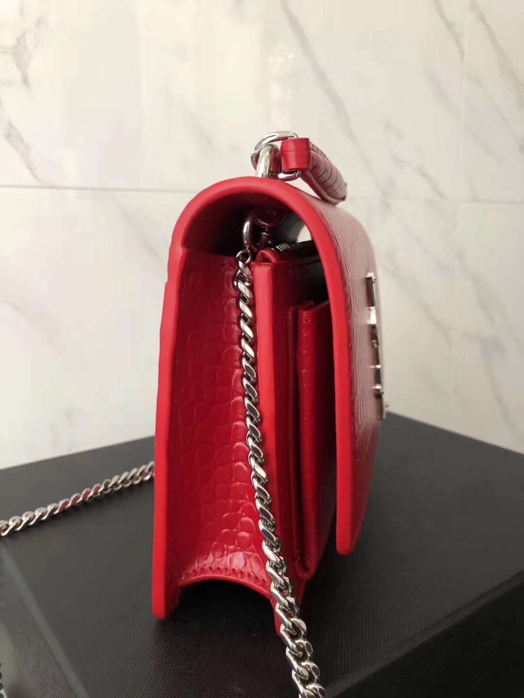 Sa**t Lau*nt woc sunset chain wallet in red croc-embossed leather