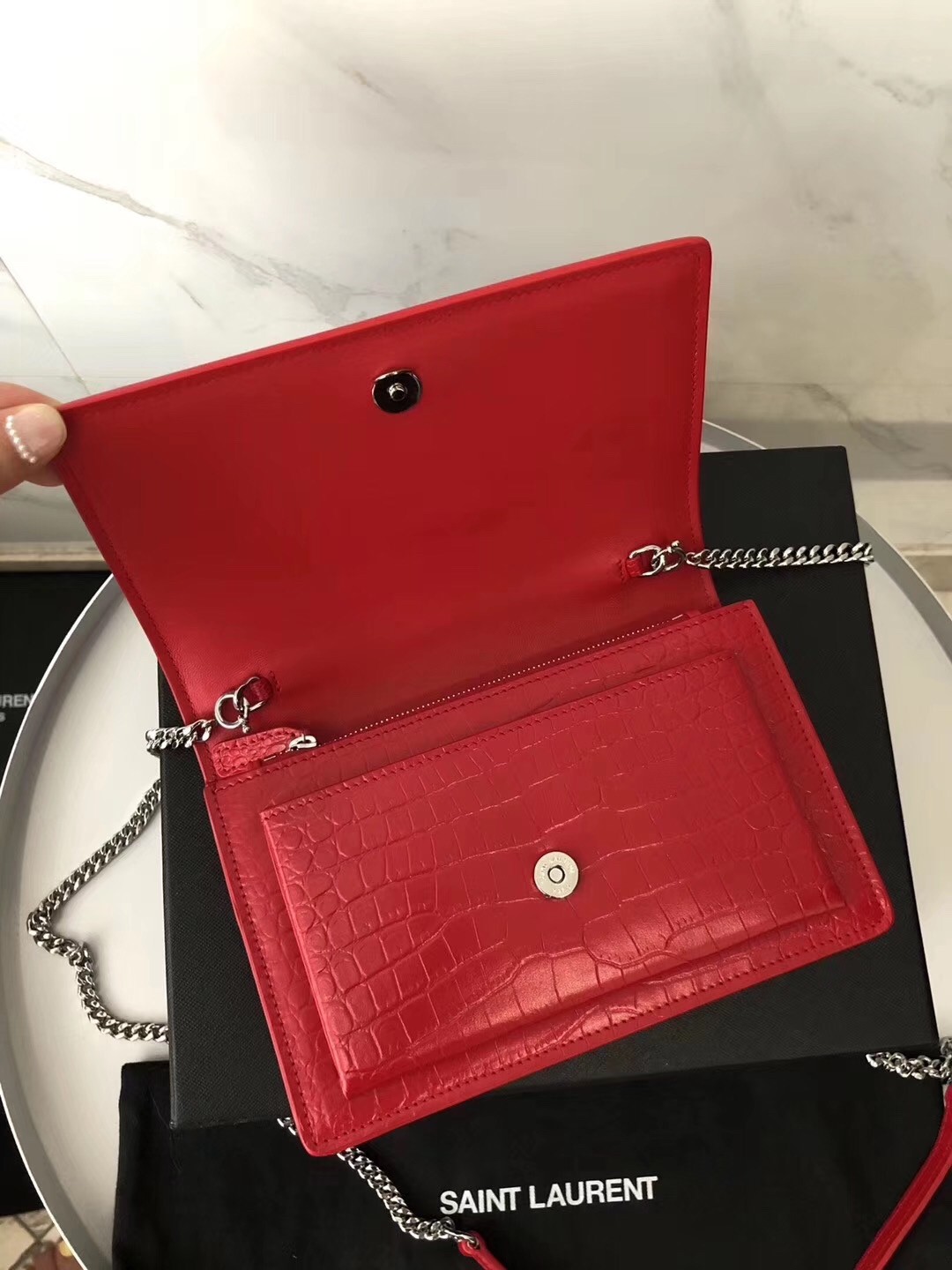 Sa**t Lau*nt woc sunset chain wallet in red croc-embossed leather