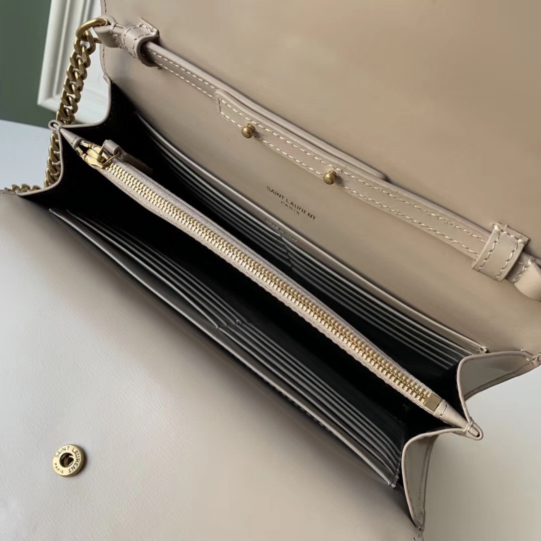 Sa**t Lau*nt woc sulpice chain wallet in beige calfskin