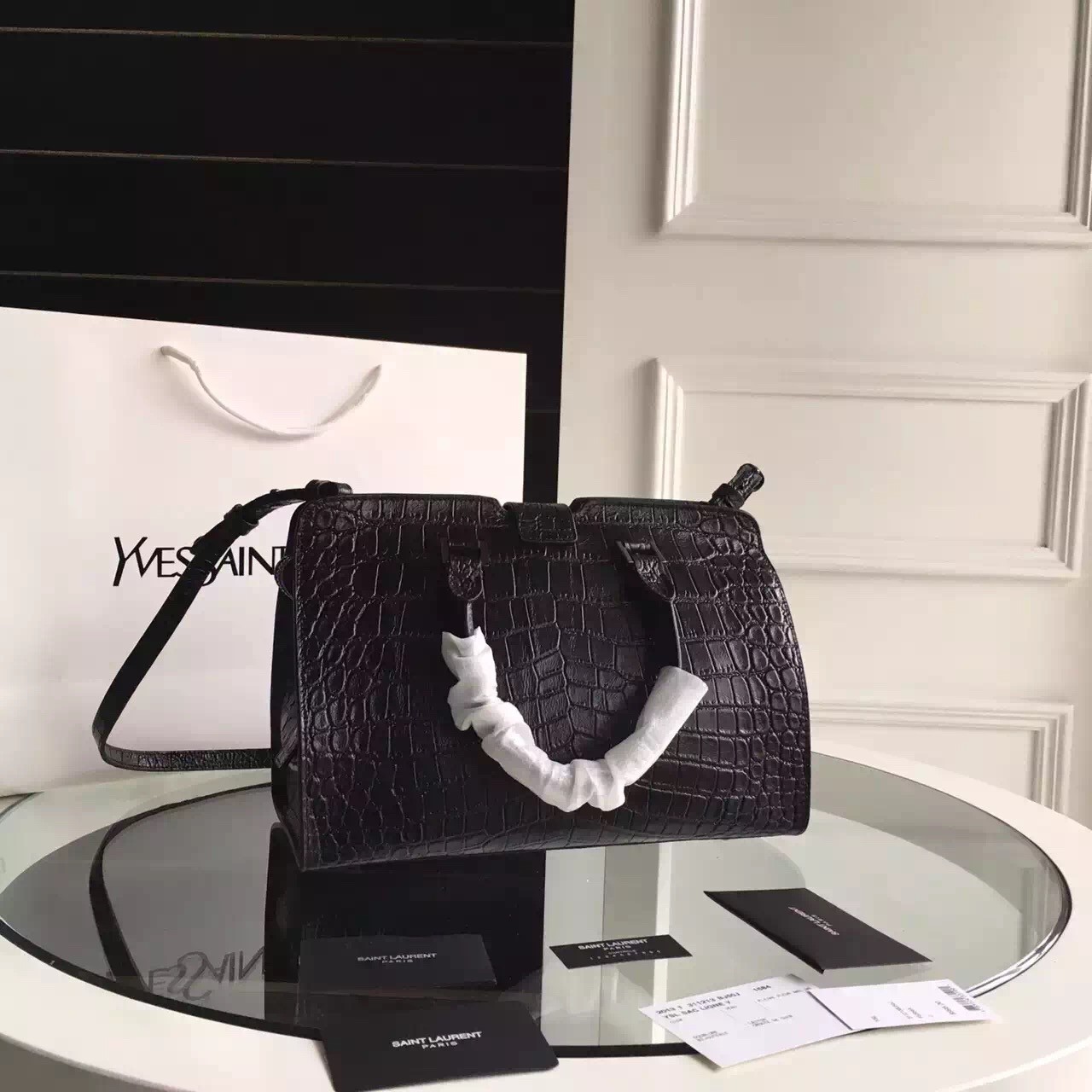 Sa**t Lau*nt small cabas y*l bag in black crocodile embossed leather