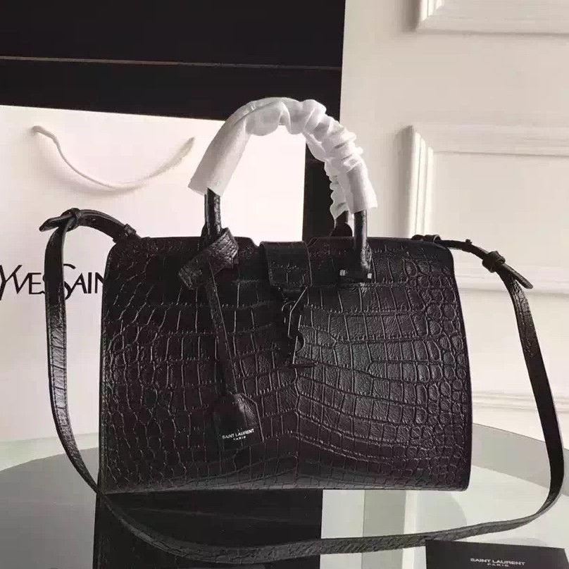 Sa**t Lau*nt small cabas y*l bag in black crocodile embossed leather