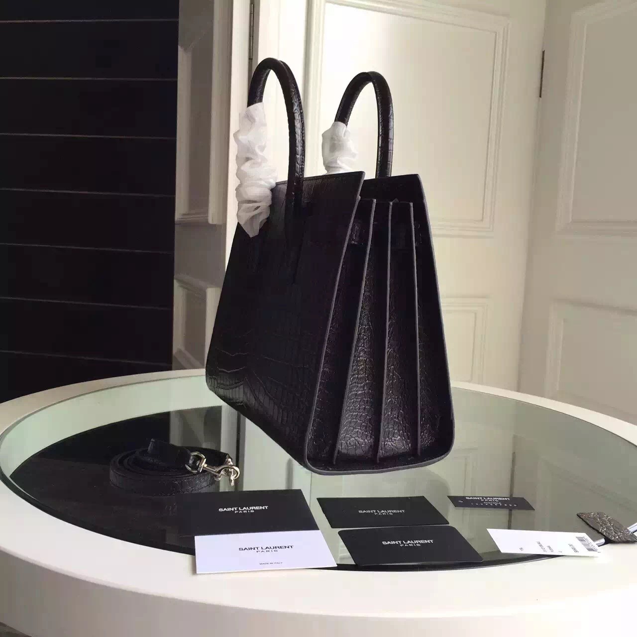 Sa**t Lau*nt small sac de jour bag in black crocodile leather