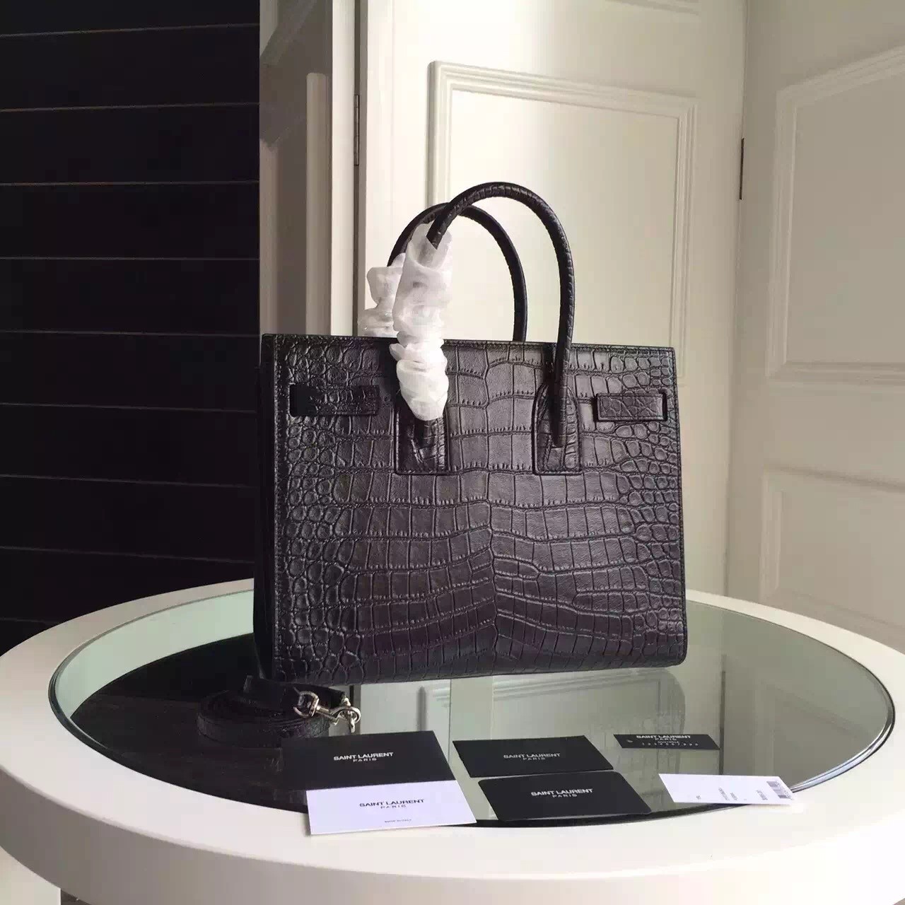 Sa**t Lau*nt small sac de jour bag in black crocodile leather