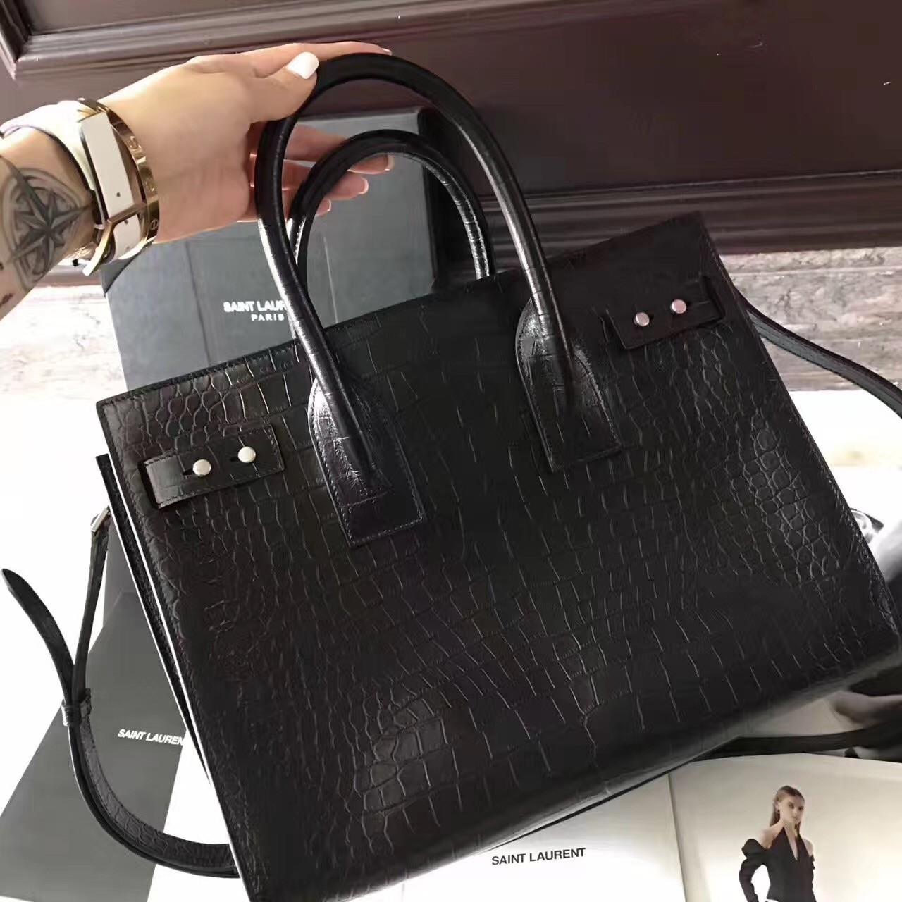 Sa**t Lau*nt small sac de jour souple bag in black crocodile leather