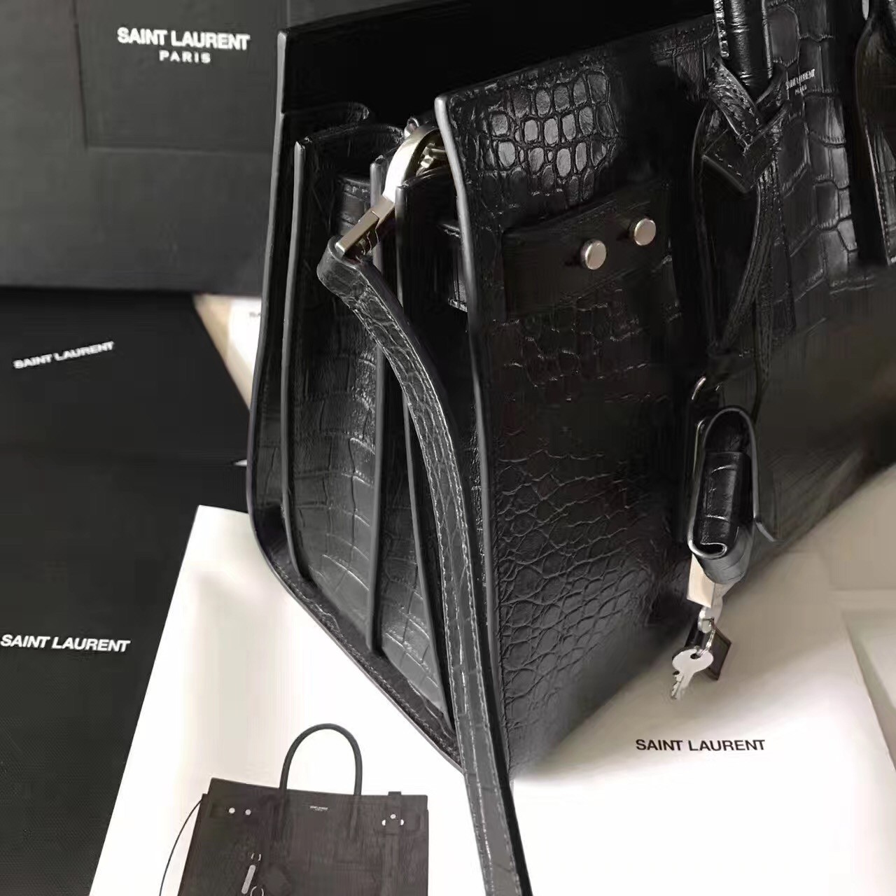 Sa**t Lau*nt small sac de jour souple bag in black crocodile leather
