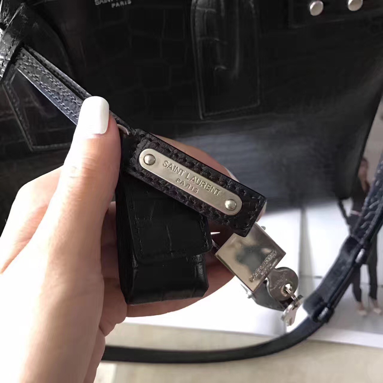 Sa**t Lau*nt small sac de jour souple bag in black crocodile leather