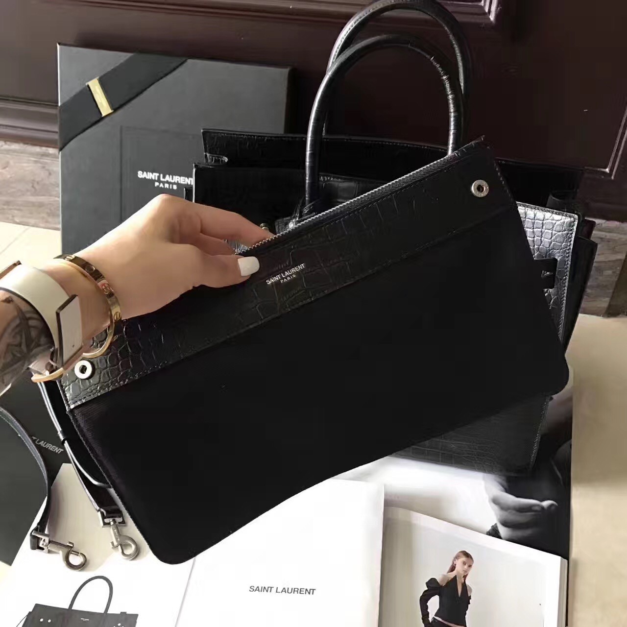 Sa**t Lau*nt small sac de jour souple bag in black crocodile leather