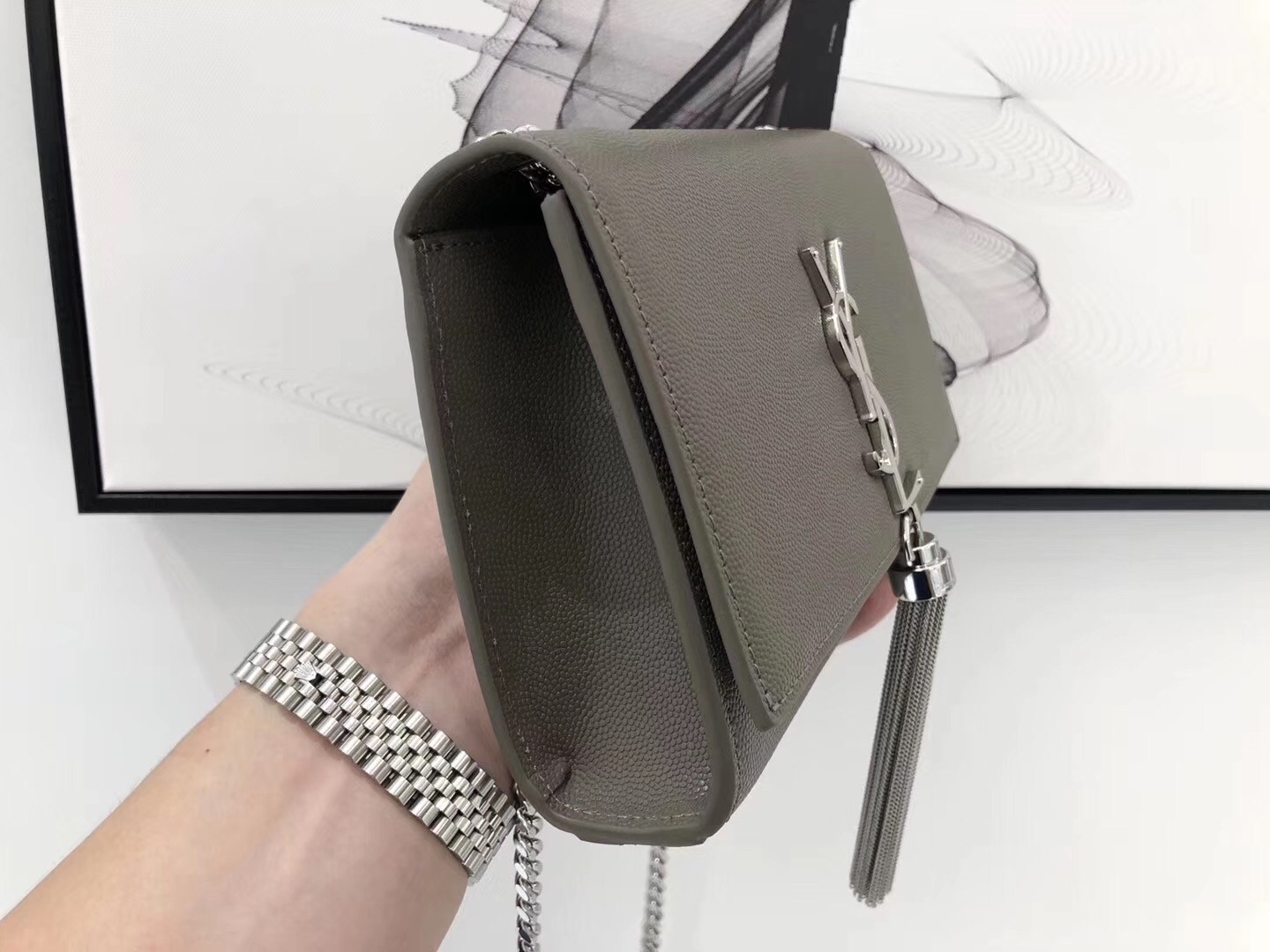 Sa**t Lau*nt small kate tassel bag in grey grained leather