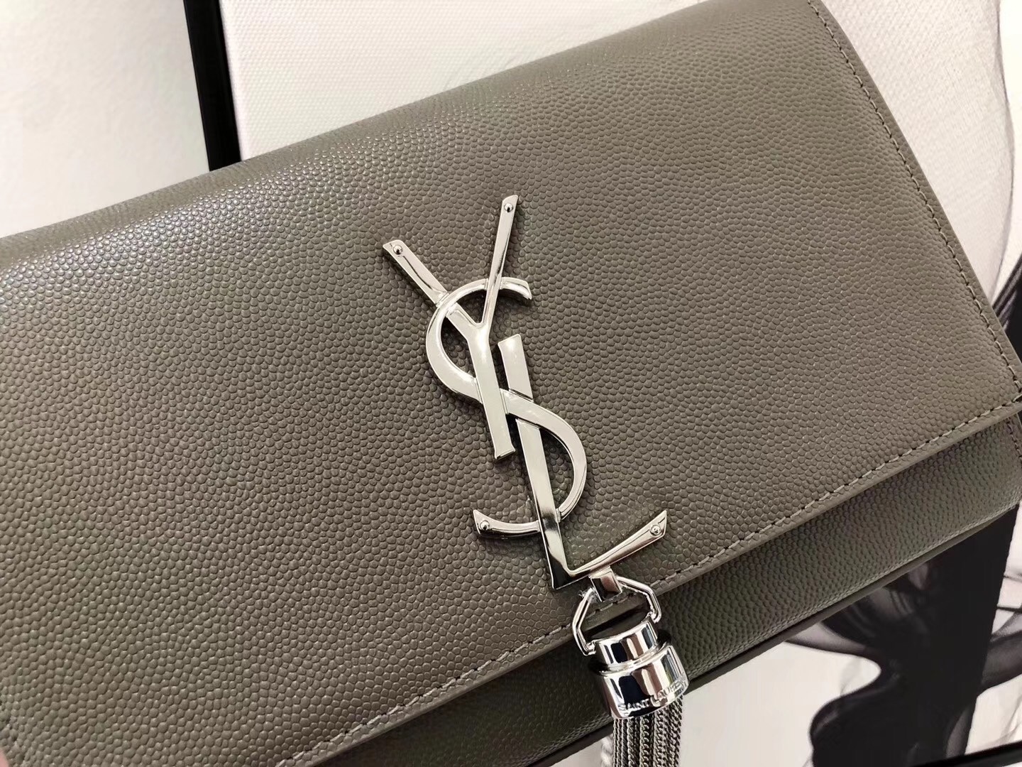 Sa**t Lau*nt small kate tassel bag in grey grained leather