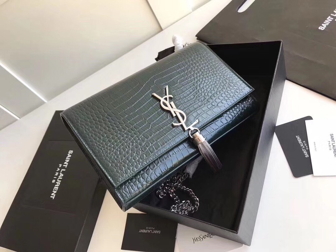 Sa**t Lau*nt medium kate bag with tassel in dark green croc-embossed leather