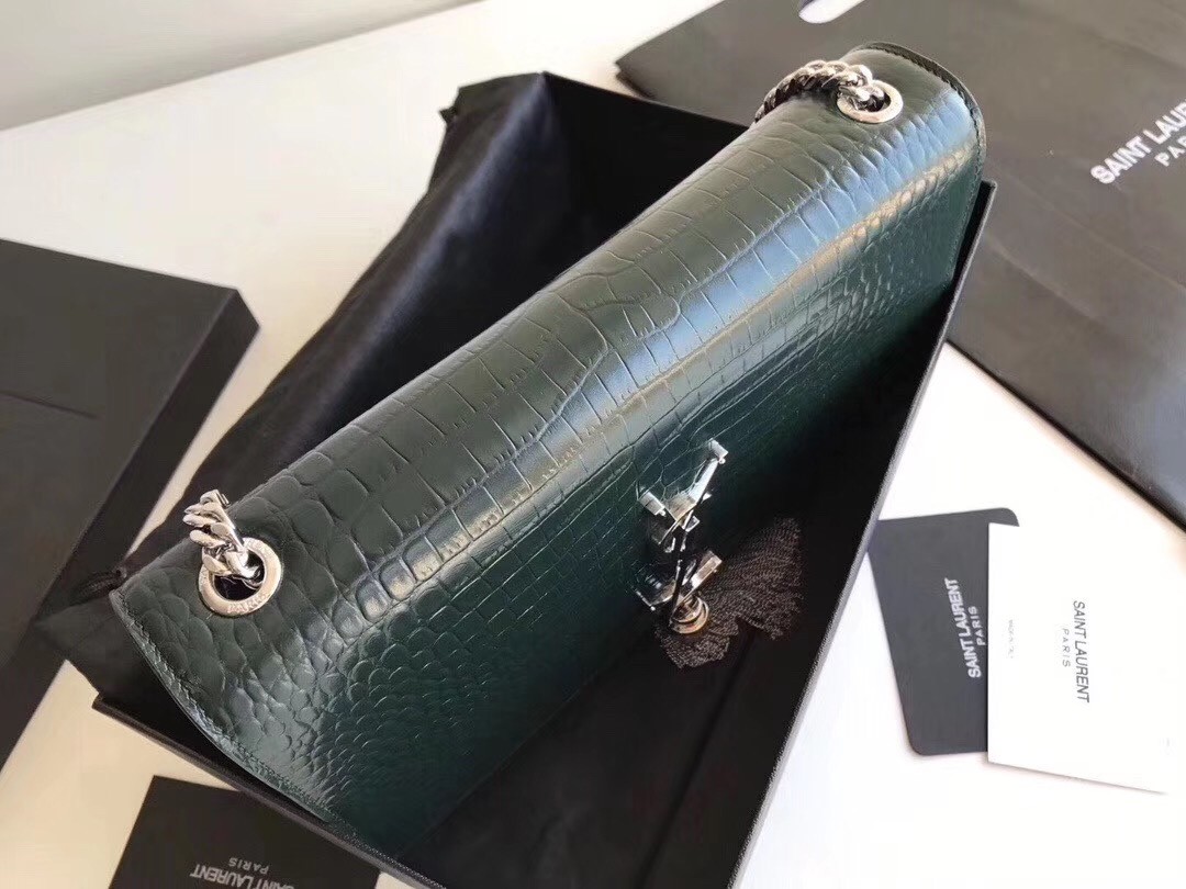 Sa**t Lau*nt medium kate bag with tassel in dark green croc-embossed leather